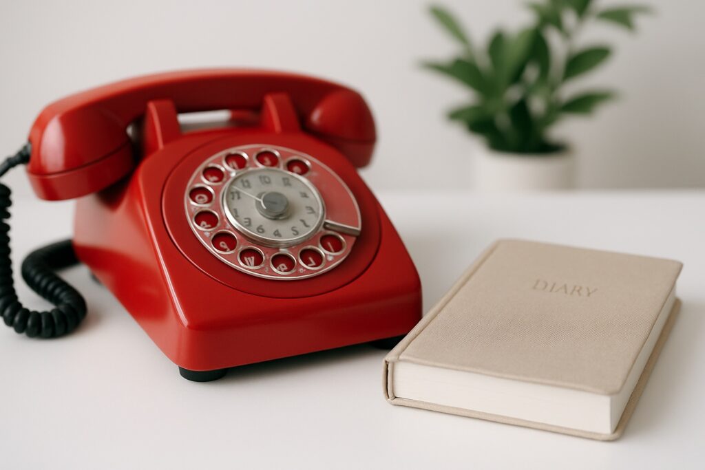 Close-up of a red vintage telephone and diary, representing contact with Michaela.